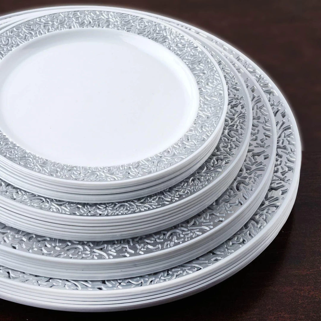 HIER_5440 Disposable Dinnerware 10 Pack - 9" White Plastic Disposable Dinner Plates Round With Silver Lace Design Rim 9 HIER_5440 Disposable Dinnerware 10 Pack - 9" White Plastic Disposable Dinner Plates Round With Silver Lace Design Rim
