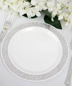 HIER_5440 Disposable Dinnerware 10 Pack - 9" White Plastic Disposable Dinner Plates Round With Silver Lace Design Rim 19 HIER_5440 Disposable Dinnerware 10 Pack - 9
