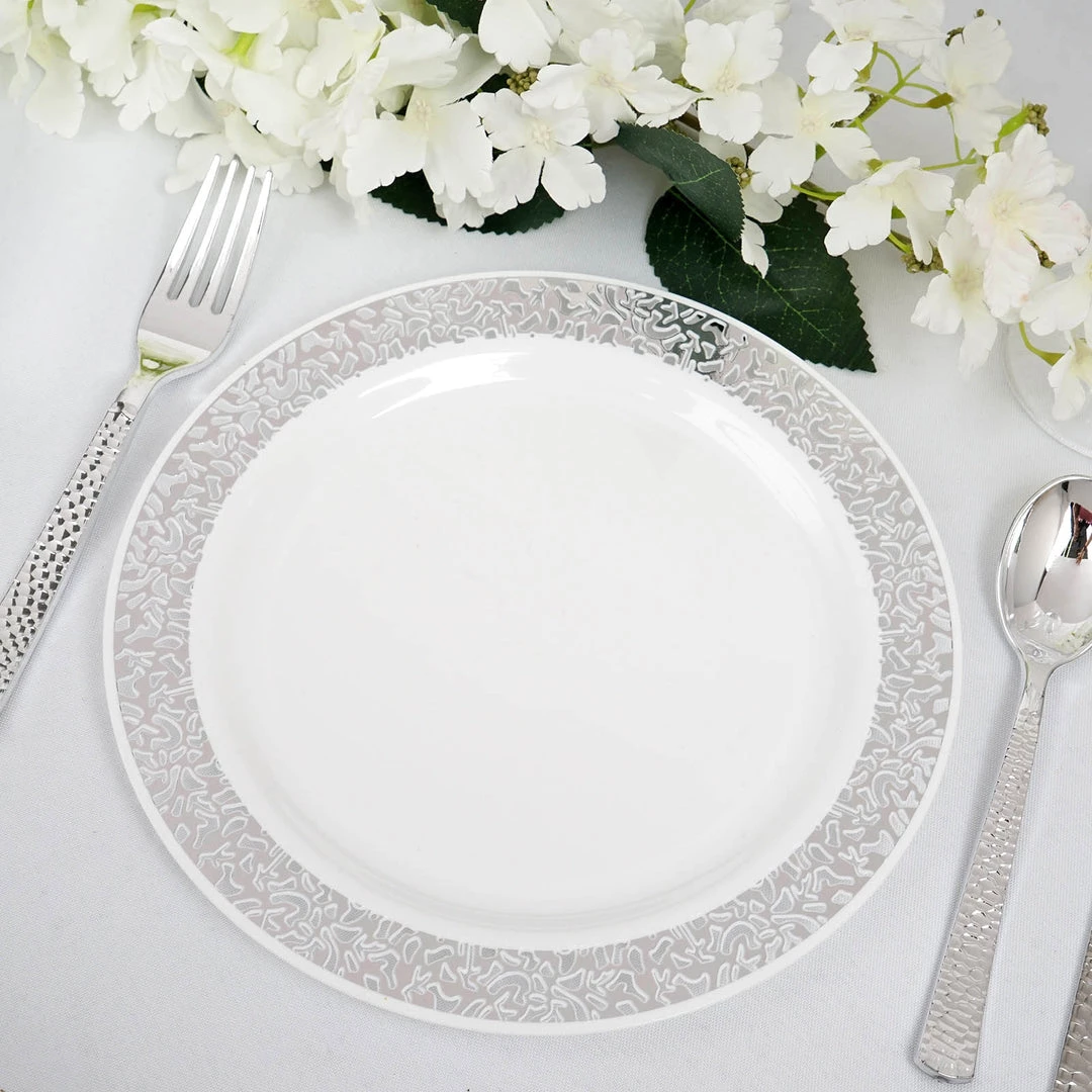 HIER_5440 Disposable Dinnerware 10 Pack - 9" White Plastic Disposable Dinner Plates Round With Silver Lace Design Rim 7 HIER_5440 Disposable Dinnerware 10 Pack - 9" White Plastic Disposable Dinner Plates Round With Silver Lace Design Rim