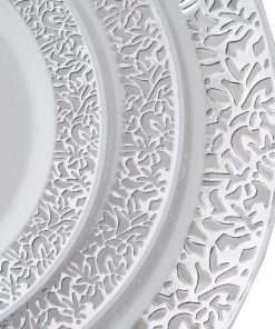 HIER_5440 Disposable Dinnerware 10 Pack - 9" White Plastic Disposable Dinner Plates Round With Silver Lace Design Rim 24 HIER_5440 Disposable Dinnerware 10 Pack - 9