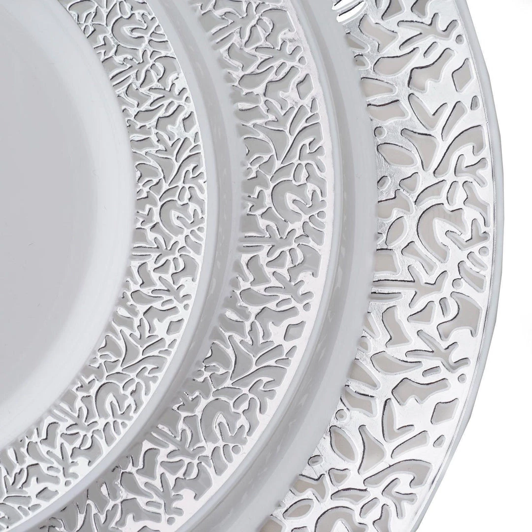 HIER_5440 Disposable Dinnerware 10 Pack - 9" White Plastic Disposable Dinner Plates Round With Silver Lace Design Rim 12 HIER_5440 Disposable Dinnerware 10 Pack - 9" White Plastic Disposable Dinner Plates Round With Silver Lace Design Rim