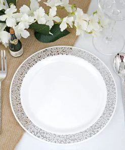 HIER_5440 Disposable Dinnerware 10 Pack - 9" White Plastic Disposable Dinner Plates Round With Silver Lace Design Rim