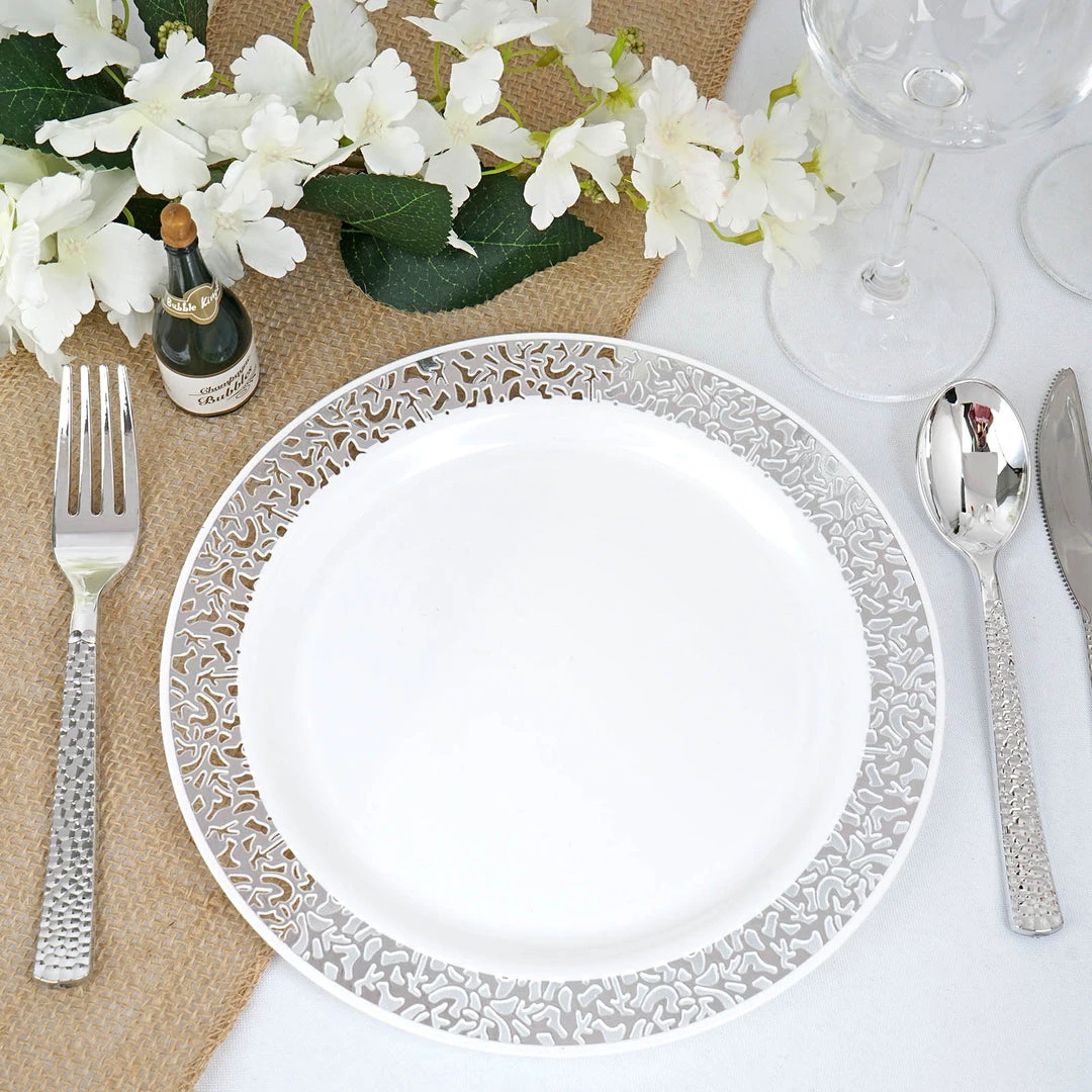 HIER_5440 Disposable Dinnerware 10 Pack - 9" White Plastic Disposable Dinner Plates Round With Silver Lace Design Rim 2 HIER_5440 Disposable Dinnerware 10 Pack - 9" White Plastic Disposable Dinner Plates Round With Silver Lace Design Rim