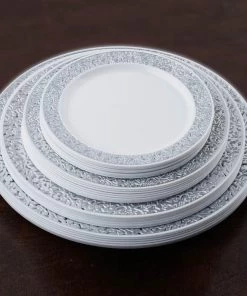 HIER_5440 Disposable Dinnerware 10 Pack - 9" White Plastic Disposable Dinner Plates Round With Silver Lace Design Rim 22 HIER_5440 Disposable Dinnerware 10 Pack - 9