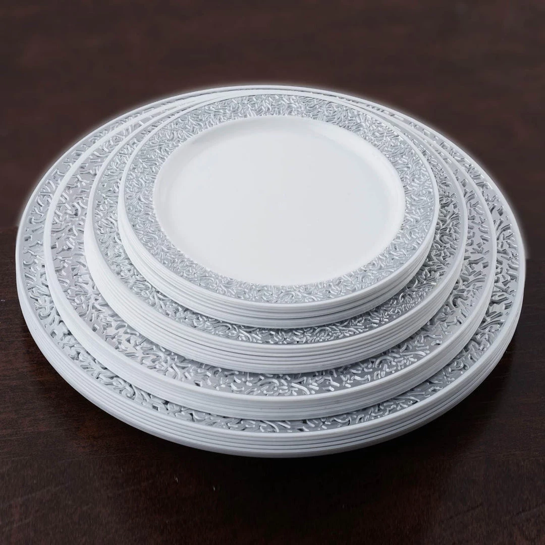 HIER_5440 Disposable Dinnerware 10 Pack - 9" White Plastic Disposable Dinner Plates Round With Silver Lace Design Rim 10 HIER_5440 Disposable Dinnerware 10 Pack - 9" White Plastic Disposable Dinner Plates Round With Silver Lace Design Rim