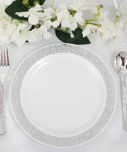 HIER_5440 Disposable Dinnerware 10 Pack - 9" White Plastic Disposable Dinner Plates Round With Silver Lace Design Rim 18 HIER_5440 Disposable Dinnerware 10 Pack - 9