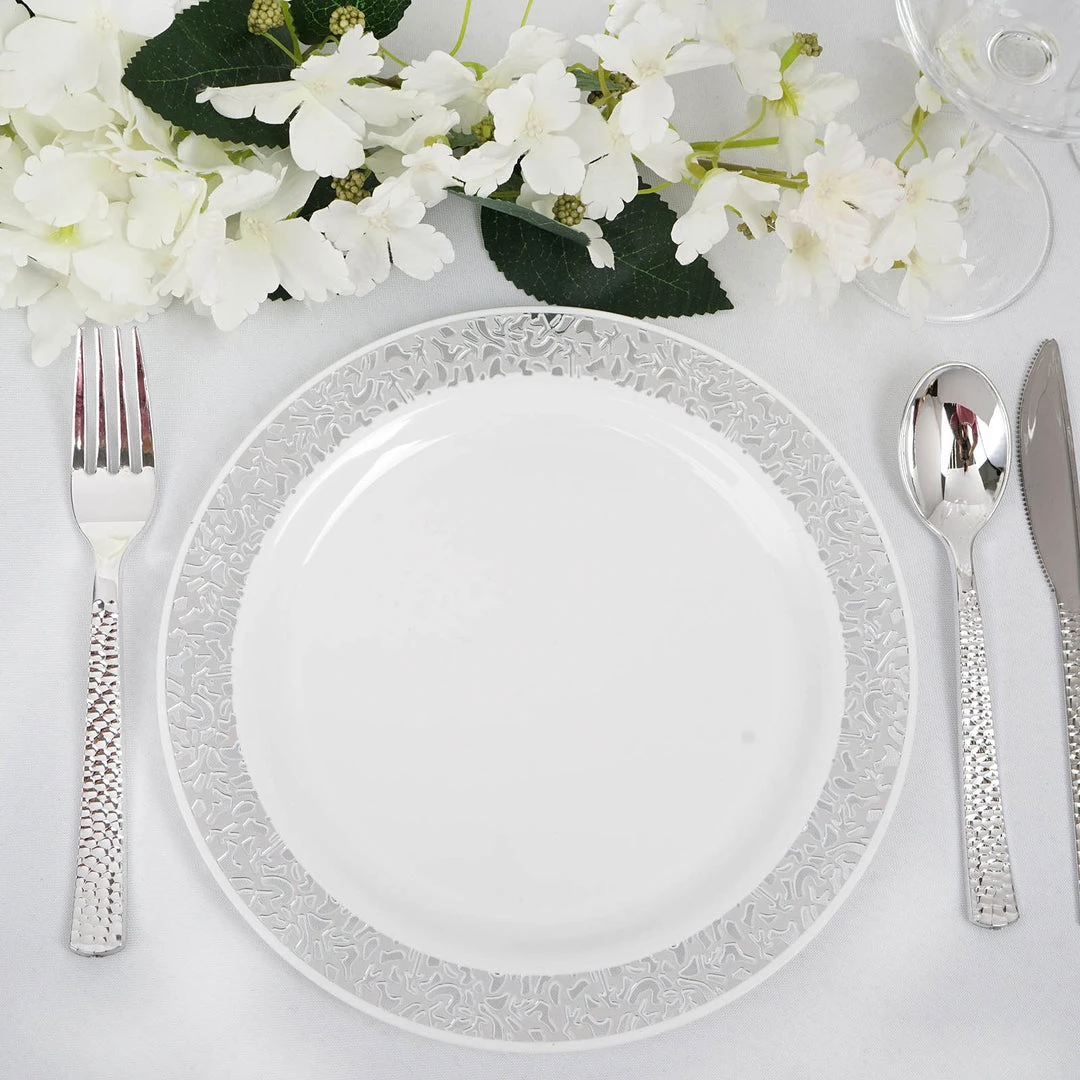 HIER_5440 Disposable Dinnerware 10 Pack - 9" White Plastic Disposable Dinner Plates Round With Silver Lace Design Rim 6 HIER_5440 Disposable Dinnerware 10 Pack - 9" White Plastic Disposable Dinner Plates Round With Silver Lace Design Rim