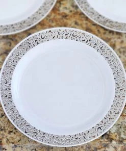 HIER_5440 Disposable Dinnerware 10 Pack - 9" White Plastic Disposable Dinner Plates Round With Silver Lace Design Rim 20 HIER_5440 Disposable Dinnerware 10 Pack - 9