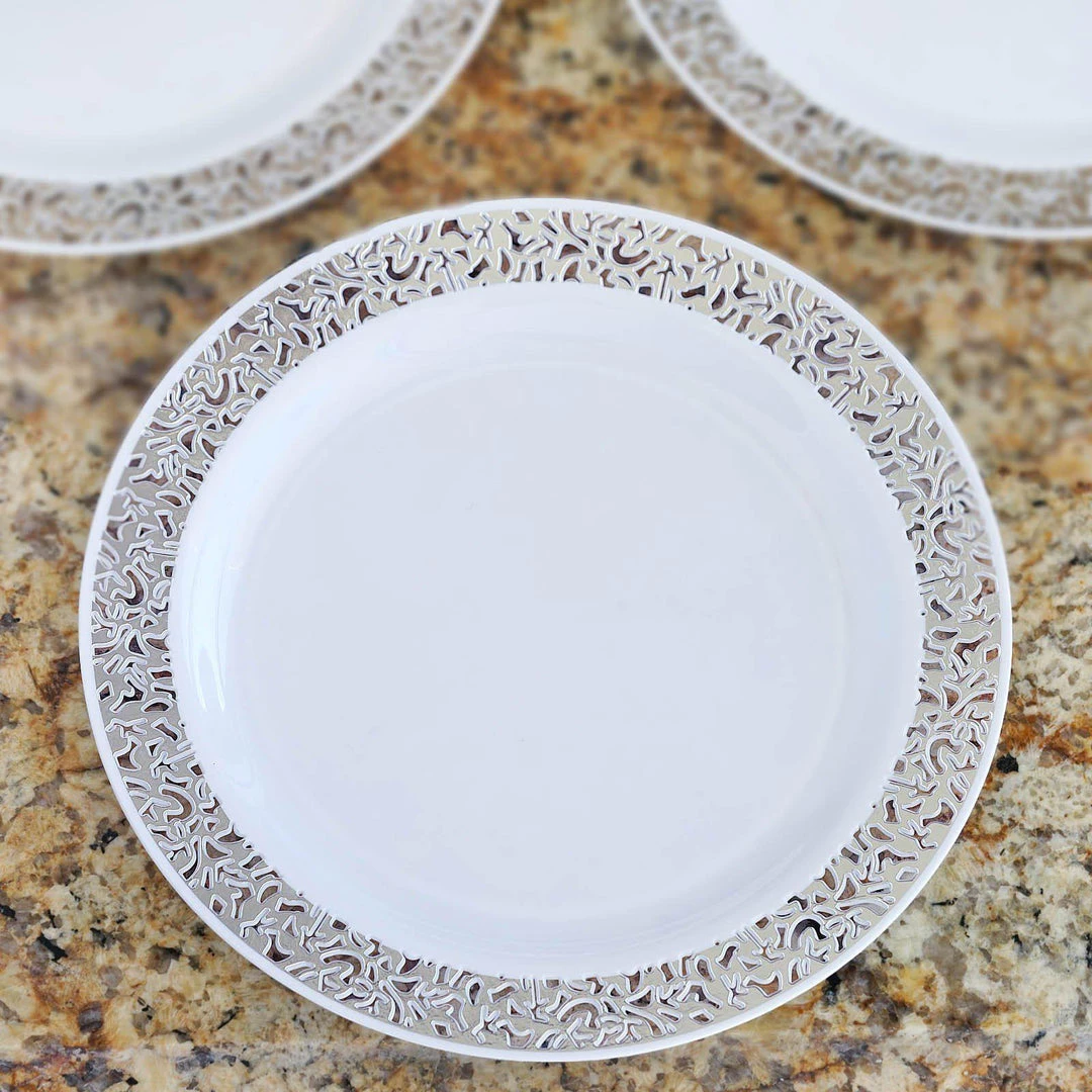 HIER_5440 Disposable Dinnerware 10 Pack - 9" White Plastic Disposable Dinner Plates Round With Silver Lace Design Rim 8 HIER_5440 Disposable Dinnerware 10 Pack - 9" White Plastic Disposable Dinner Plates Round With Silver Lace Design Rim
