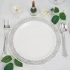 HIER_5440 Disposable Dinnerware 10 Pack - 9" White Plastic Disposable Dinner Plates Round With Silver Lace Design Rim