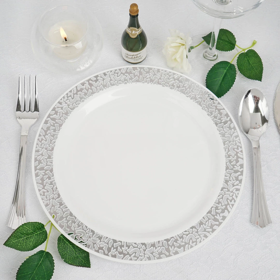HIER_5440 Disposable Dinnerware 10 Pack - 9" White Plastic Disposable Dinner Plates Round With Silver Lace Design Rim 1 HIER_5440 Disposable Dinnerware 10 Pack - 9" White Plastic Disposable Dinner Plates Round With Silver Lace Design Rim