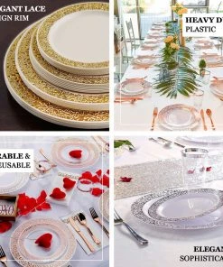 HIER_5440 Disposable Dinnerware 10 Pack - 9" White Plastic Disposable Dinner Plates Round With Silver Lace Design Rim 16 HIER_5440 Disposable Dinnerware 10 Pack - 9