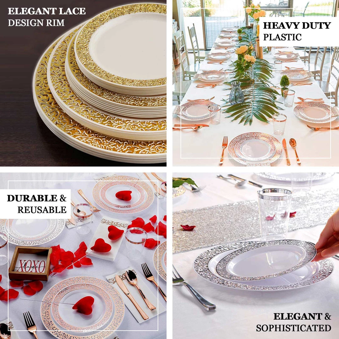 HIER_5441 10 Pack - 7" Ivory Plastic Disposable Salad Dessert Appetizer Plates Round With Gold Lace Design Rim Disposable Dinnerware 4 HIER_5441 10 Pack - 7" Ivory Plastic Disposable Salad Dessert Appetizer Plates Round With Gold Lace Design Rim Disposable Dinnerware