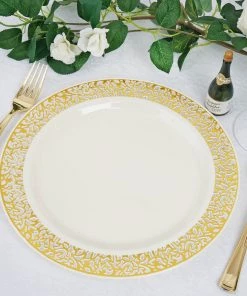HIER_5441 10 Pack - 10" Elegant Royal Ivory Plastic Disposable Dinner Plates Round With Gold Lace Design Rim Disposable Dinnerware