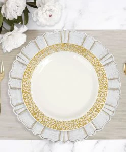 HIER_5441 10 Pack - 10" Elegant Royal Ivory Plastic Disposable Dinner Plates Round With Gold Lace Design Rim Disposable Dinnerware