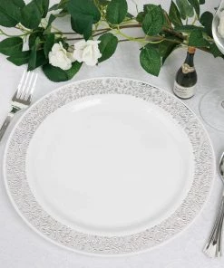HIER_5441 10 Pack - 10" Elegant Royal White Plastic Disposable Dinner Plates Round With Silver Lace Design Rim
