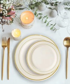 HIER_5441 Disposable Dinnerware 10 Pack - 6" Ivory Très Chic Plastic Salad Dessert Plates Round With Gold Rim