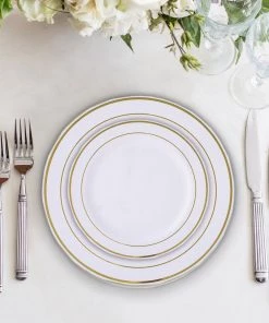 HIER_5441 Disposable Dinnerware 10 Pack - 6" White Très Chic Plastic Salad Dessert Plates Round With Gold Rim