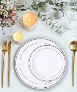 HIER_5441 Disposable Dinnerware 10 Pack - 6" White Très Chic Plastic Salad Dessert Plates Round With Silver Rim