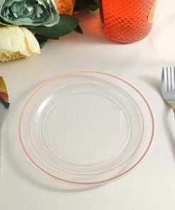 HIER_5441 10 Pack - 8" Rose Gold Trim Clear Plastic Disposable Salad Dessert Plates - Round Disposable Dinnerware