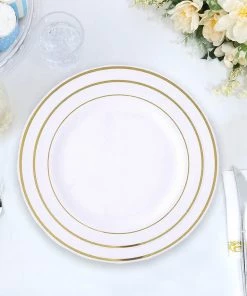 HIER_5441 10 Pack - 8" White Très Chic Plastic Salad Dessert Plates Round With Gold Rim Disposable Dinnerware