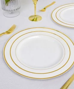 HIER_5441 10 Pack - 8" White Très Chic Plastic Salad Dessert Plates Round With Gold Rim Disposable Dinnerware