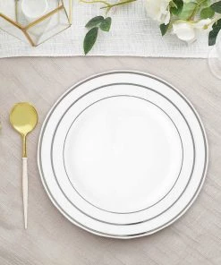 HIER_5440 Disposable Dinnerware 10 Pack - 9" White Plastic Disposable Dinner Plates Round With Silver Rim