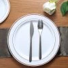 HIER_5441 10 Pack - 10" Rose Gold Rimmed White Plastic Disposable Dinner Plates - Round