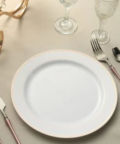 HIER_5441 10 Pack - 10" Rose Gold Rimmed White Plastic Disposable Dinner Plates - Round
