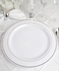 HIER_5441 10 Pack - 10" White Plastic Disposable Dinner Plates Round With Silver Rim Disposable Dinnerware