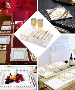 HIER_5440 10 Pack - 11" White Square Plastic Disposable Dinner Plates With Gold Polka Dot Rim 19 HIER_5440 10 Pack - 11