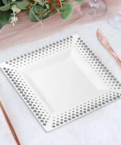 HIER_5440 10 Pack - 7" White Square Plastic Disposable Salad Dessert Plates With Silver Polka Dot Rim Disposable Dinnerware