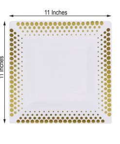 HIER_5440 10 Pack - 11" White Square Plastic Disposable Dinner Plates With Gold Polka Dot Rim 17 HIER_5440 10 Pack - 11