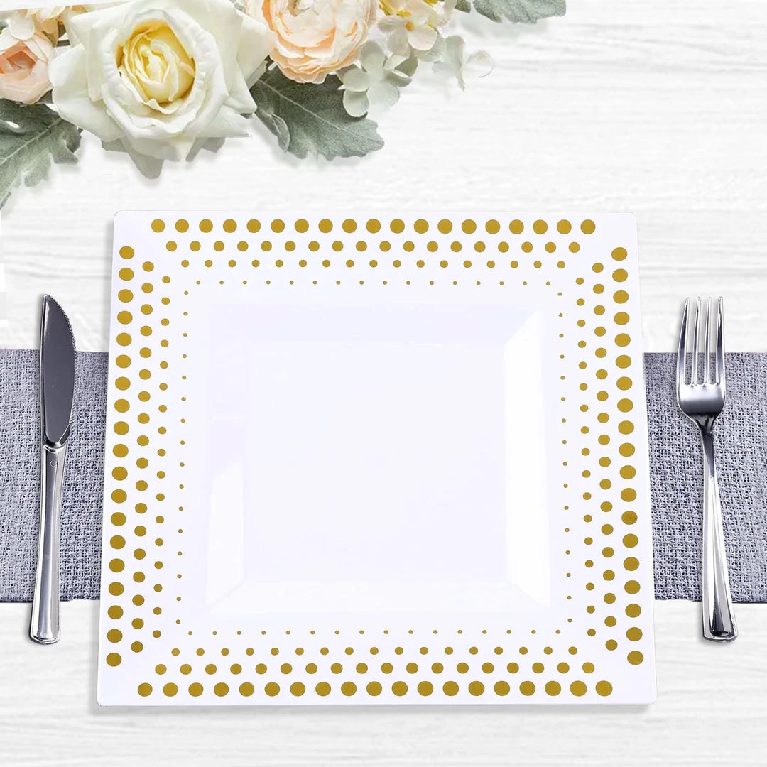 HIER_5440 10 Pack - 11" White Square Plastic Disposable Dinner Plates With Gold Polka Dot Rim 2 HIER_5440 10 Pack - 11" White Square Plastic Disposable Dinner Plates With Gold Polka Dot Rim