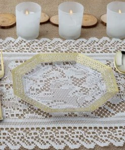 HIER_5442 12 Pack - 8" Royal Octagonal Plastic Disposable Salad Dessert Plates, Clear With Gold Lace Rim