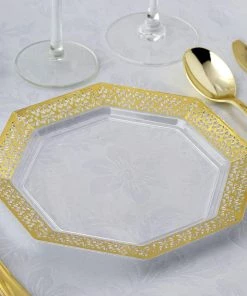 HIER_5442 12 Pack - 8" Royal Octagonal Plastic Disposable Salad Dessert Plates, Clear With Gold Lace Rim