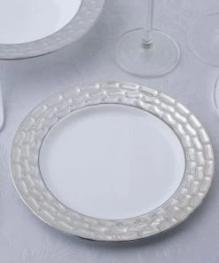 HIER_5440 12 Pack - 7" Silver Textured Rim White Plastic Salad Dessert Plates - Round
