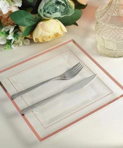HIER_5443 10 Pack - 10" Rose Gold Trim Clear Square Plastic Disposable Dinner Plates Disposable Dinnerware
