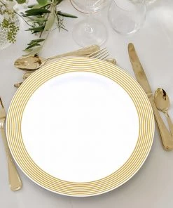 HIER_5440 10 Pack - 9" Gold & White Striped Rim Plastic Disposable Dinner Plates - Clearance SALE Disposable Dinnerware