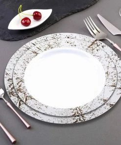 HIER_5440 10 Pack - 8" Marble Rim White Plastic Disposable Dessert Salad Plates - Round Appetizer Plates With Silver Marble Rim - Clearance SALE Disposable Dinnerware