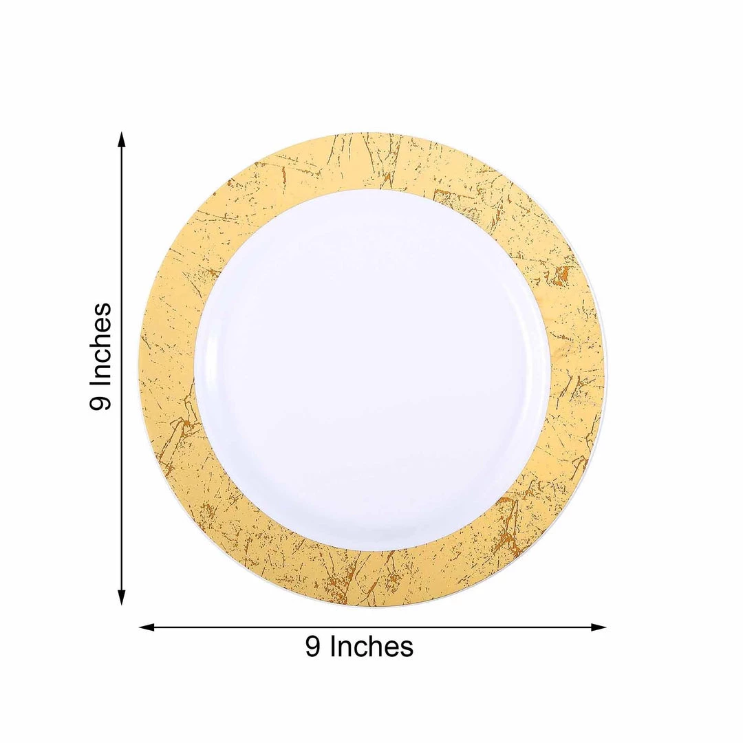 HIER_5440 10 Pack - 9" Gold Marble Rim White Plastic Disposable Dinner Plates - Round - Clearance SALE Disposable Dinnerware 3 HIER_5440 10 Pack - 9" Gold Marble Rim White Plastic Disposable Dinner Plates - Round - Clearance SALE Disposable Dinnerware