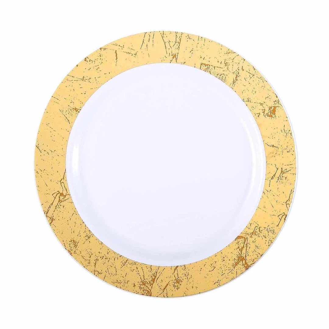 HIER_5440 10 Pack - 9" Gold Marble Rim White Plastic Disposable Dinner Plates - Round - Clearance SALE Disposable Dinnerware 9 HIER_5440 10 Pack - 9" Gold Marble Rim White Plastic Disposable Dinner Plates - Round - Clearance SALE Disposable Dinnerware