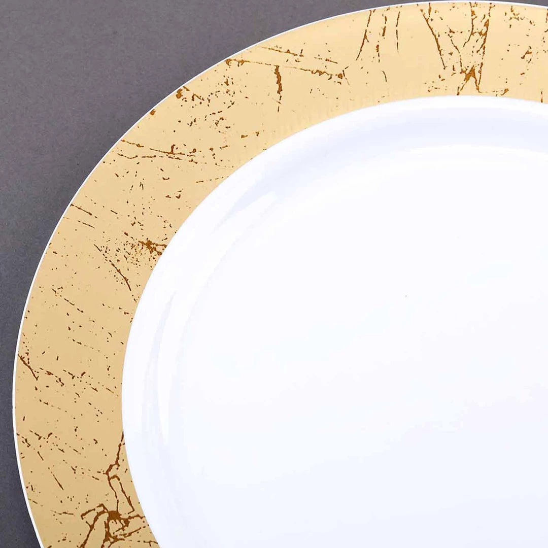 HIER_5440 10 Pack - 9" Gold Marble Rim White Plastic Disposable Dinner Plates - Round - Clearance SALE Disposable Dinnerware 8 HIER_5440 10 Pack - 9" Gold Marble Rim White Plastic Disposable Dinner Plates - Round - Clearance SALE Disposable Dinnerware