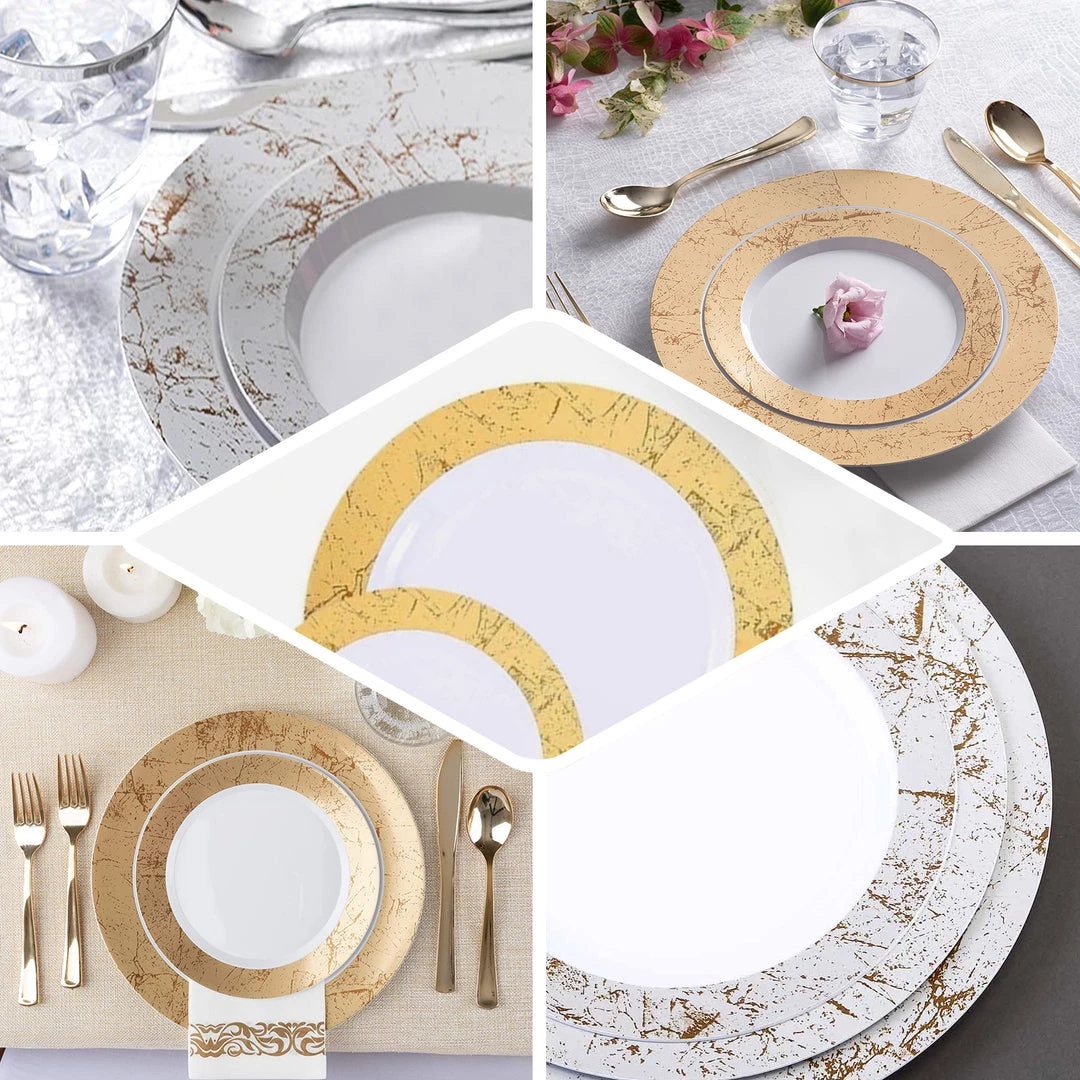 HIER_5440 10 Pack - 9" Gold Marble Rim White Plastic Disposable Dinner Plates - Round - Clearance SALE Disposable Dinnerware 5 HIER_5440 10 Pack - 9" Gold Marble Rim White Plastic Disposable Dinner Plates - Round - Clearance SALE Disposable Dinnerware
