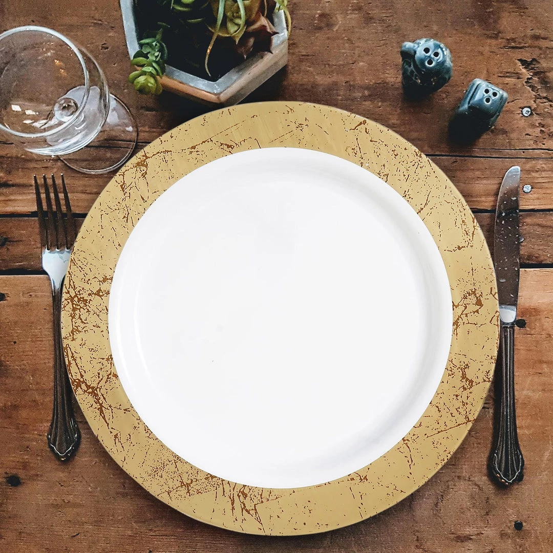 HIER_5440 10 Pack - 9" Gold Marble Rim White Plastic Disposable Dinner Plates - Round - Clearance SALE Disposable Dinnerware 10 HIER_5440 10 Pack - 9" Gold Marble Rim White Plastic Disposable Dinner Plates - Round - Clearance SALE Disposable Dinnerware