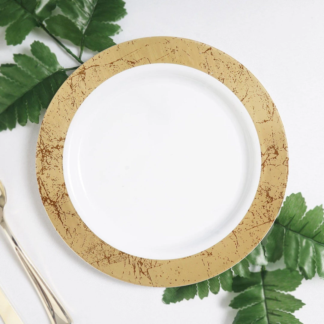 HIER_5440 10 Pack - 9" Gold Marble Rim White Plastic Disposable Dinner Plates - Round - Clearance SALE Disposable Dinnerware 7 HIER_5440 10 Pack - 9" Gold Marble Rim White Plastic Disposable Dinner Plates - Round - Clearance SALE Disposable Dinnerware