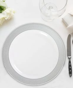 HIER_5440 8" | 10 Pack White Round Plastic Dessert Plates | Disposable Salad Plates With Silver Diamond Rim Disposable Dinnerware