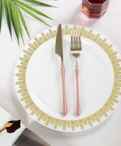 HIER_5440 Disposable Dinnerware 10 Pack - 10" Royal Rim Elegant White Plastic Disposable Dinner Plates - Round With Gold Ornament Hot Stamped Rim