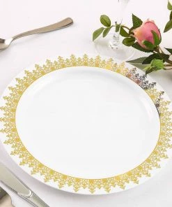 HIER_5440 Disposable Dinnerware 10 Pack - 10" Royal Rim Elegant White Plastic Disposable Dinner Plates - Round With Gold Ornament Hot Stamped Rim