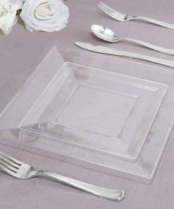 HIER_5443 Disposable Dinnerware 10 Pack - 6" Square Plastic Disposable Salad Dessert Appetizer Plates - Clear
